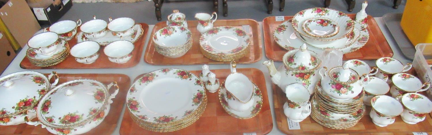 Six trays of Royal Albert 'Old Country Roses' tea and dinner ware to include 6 each of: dinner