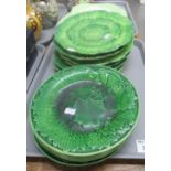 Tray of pottery plates: 6 green cabbage leaf design plates some made in Italy, B'arligiana, and 5