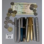 Bag of assorted writing instruments to include various Parker biros, 50 Rials bank notes, odd coins,