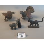 Cold painted bronze turkey, with a similar bronze goose, a black cat, a patinated bronze Egyptian