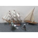 Four ship models to include a wooden model of The Endeavour, a brass sailing dinghy, a brass