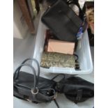 Box of handbags, three large black handbags, one Winsley black leather handbag with gold coloured