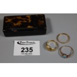 18ct gold diamond set ring (two stones missing), a 22ct gold band and a 9ct gold opal ring. L&1/2, J