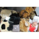 Two boxes of soft toys and dolls various to include teddy bears and other animals. (B.P. 21% + VAT)