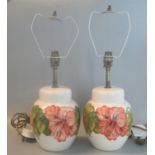 Pair of modern Moorcroft Art Pottery Tube-lined cream ground floral baluster table lamp bases -