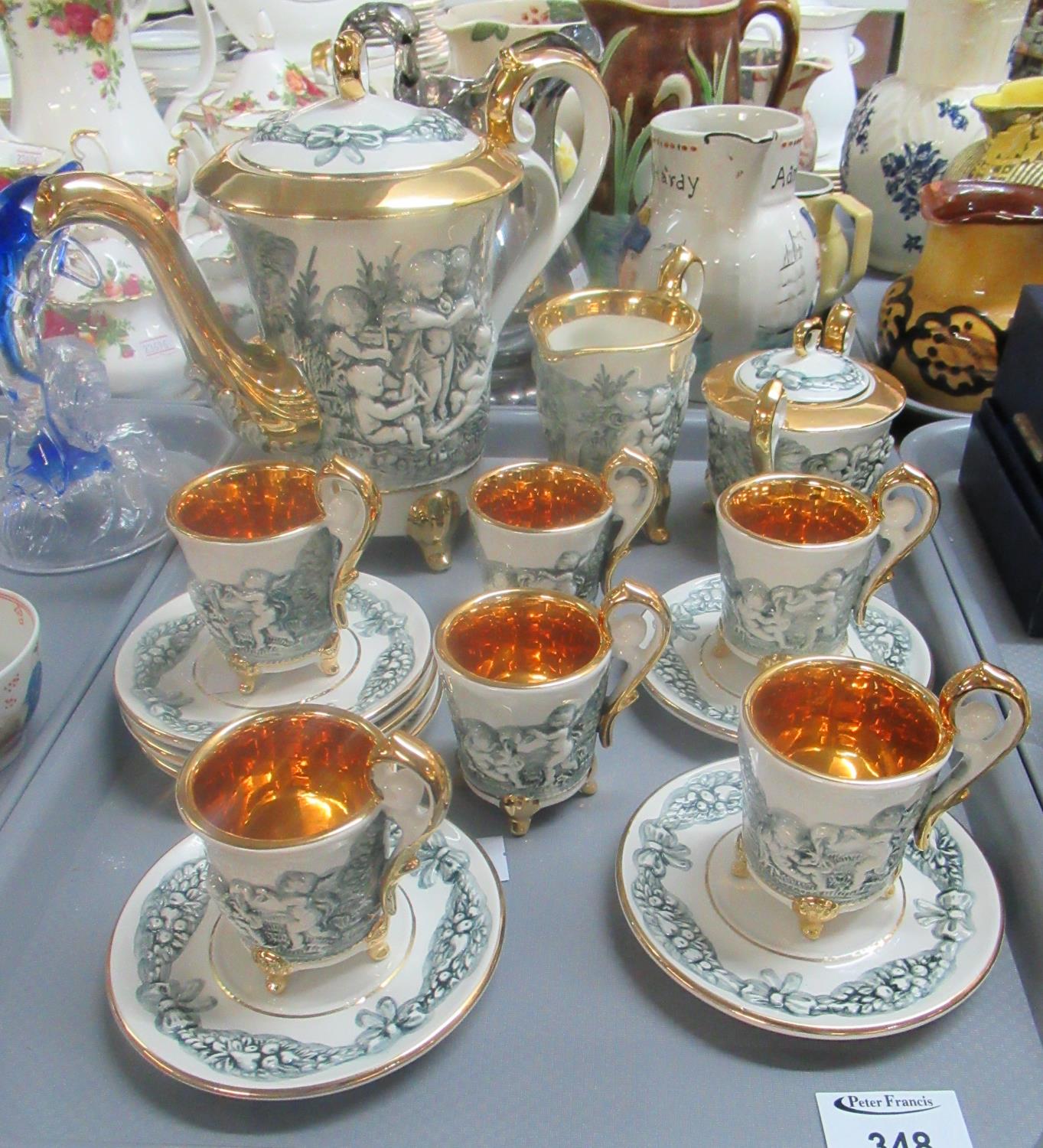 Capodimonte coffee set - relief decorated in grey and white with cherubs and fruit garlands with