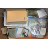 Mixed box of various postcards, cigarette cards, stamp postmarks on piece, House of Commons