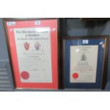 Two framed certificates 'The Worshipful Company of Butchers' and 'The Royal Society for the