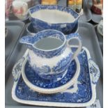 Tray of blue and white ceramic items to include Masons 'Vista' square sandwich plate, 3 Copeland