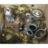 Box of metalware to include Middle Eastern brass coffee pot with conical lid and elongated spout,
