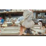 Two trays of ceramic items to include three ceramic candle wall sconces decorated with figures and