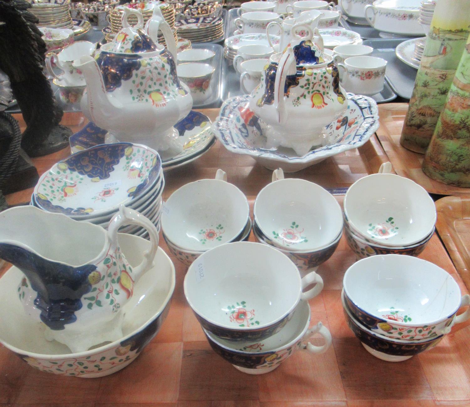 Two trays of Gaudy Welsh tulip design teaware to include large teapot, 2 sandwich plates, 11 dish