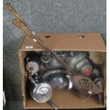Box of assorted metalware to include poker and fire shovel, Simpson Hall Miller quadruple plate