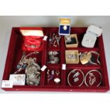 Collection of silver items to include silver watch, brooches, frog and snail, dress rings,