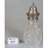 Early 20th century cut glass sugar sifter having silver pierced lid, Birmingham hallmarks. (B. P.