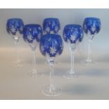 Set of 6 German blue flash cut Hock glasses (6) (B.P. 21% + VAT)