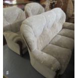 Modern upholstered 3 piece suite on a beige ground with foliate designs, comprising 3 seater sofa