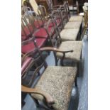 Set of five (4+1) Georgian style mahogany pierced rail back dining chairs with stuff over seats on