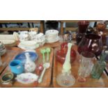 Two trays of assorted china and glass ware to include: large cranberry glass brandy balloon with