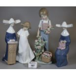 Selection of Lladro figurines to include, 'young girl with basket of flowers', bookends in the