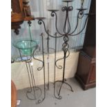 Collection of metal ware to include floor candelabras and a glass jardiniere on metal stand. (3) (