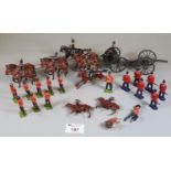 Collection of vintage lead painted soldiers, riflemen, guards on horseback, carriage with cannon
