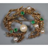 9ct gold bark effect brooch set with emeralds and cultured pearls. Approx weight 8.2 grams. (B.P.