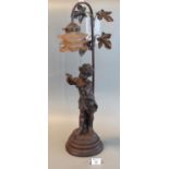 Art nouveau design bronzed figural table lamp decorated with young flute playing girl, having