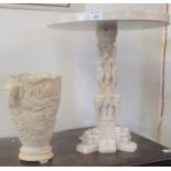 Indian design faux ivory lamp table and 2 handled elephant vase, all decorated with figures,