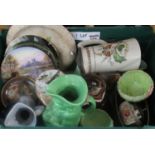 Box of assorted china to include: large green Burlington Ware toby jug, Hooper's Till & Co lidded