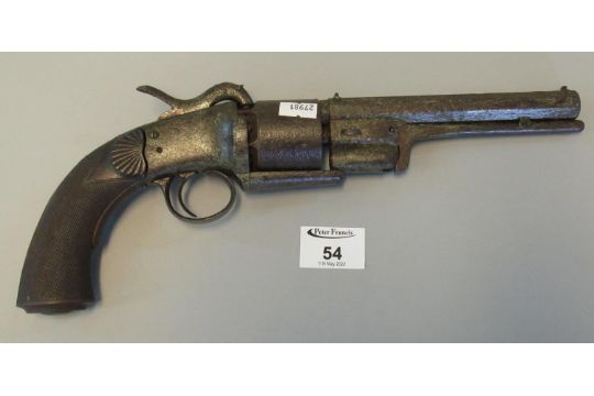 19th century percussion transitional revolver in relic condition, having checkered wooden grips