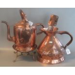 Copper and brass kettle, a copper conical measure, a burner stand, and a brass spitjack bracket. (4)