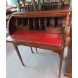 Edwardian mahogany inlaid cylinder writing desk, the interior revealing various compartments, pull-