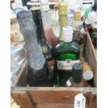 Wooden crate containing bottles of alcohol to include: Gordons Gin, M&S Elderflower Liqueur,