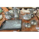 Two trays of metalware to include: small white metal tray, possibly pewter, embossed with