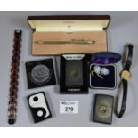 Collection of assorted cigarette lighters, ladies wrist watch, a cross gold plated biro, etc. (B.