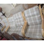 Modern three piece conservatory bamboo wicker upholstered tartan design suite, comprising 2 seater
