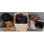 Three boxes of various hats: felt hats, Chesterfield linen hat with roses, Siggi pillbox hate with