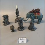 Group of assorted lead and other metal items to include elephant, heron mount, chamber stick, cherub