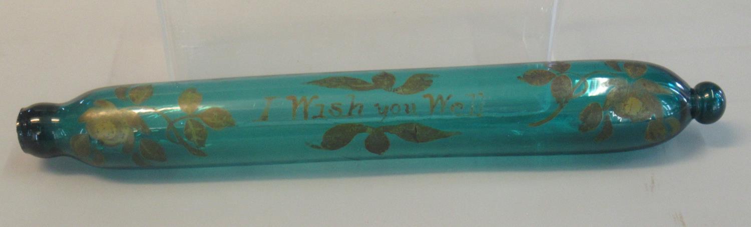 19th Century coloured glass decorative rolling pin with painted floral decoration and text 'I wish