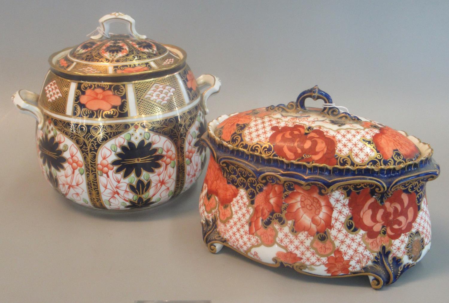 Royal Crown Derby porcelain two handled baluster shaped bowl and cover in typical Imari pattern,