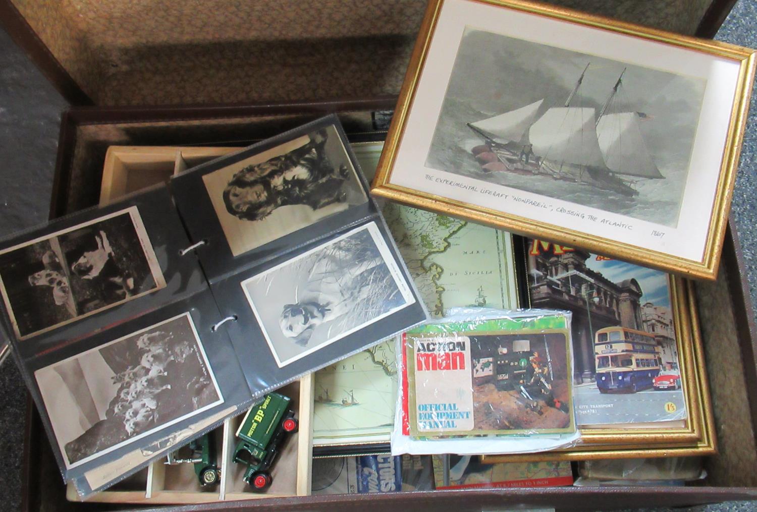 Large vintage leather suitcase containing maps, prints of ships (race for the Queen's cup at New