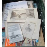 Box of printed ephemera, admiralty charts, booklets on ships, industrial archaeology, scraps, and