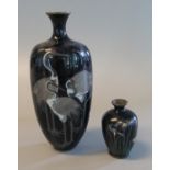 Two small Japanese cloisonné vases with dark blue ground, the larger decorated with a group of