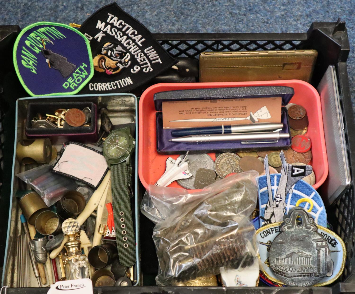 Box of oddments to include badges, military patches, railway badges, pens, tokens, cigarette