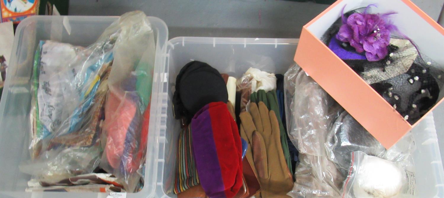 Box containing large collection of scarves, silk, cotton, chiffon. Another with gloves and purses,