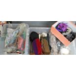 Box containing large collection of scarves, silk, cotton, chiffon. Another with gloves and purses,