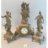 Late 19th century French spelter & green marble figural clock garniture. 50cm high approx. (3) (B.P.