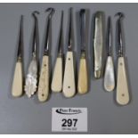 Collection of Mother of Pearl and Bone Handle manicure items, button hooks, fruit knife etc. (B.P.