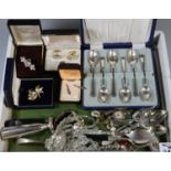 Tray of costume jewellery, plated cutlery, odd silver and other jewellery items, cufflinks, late